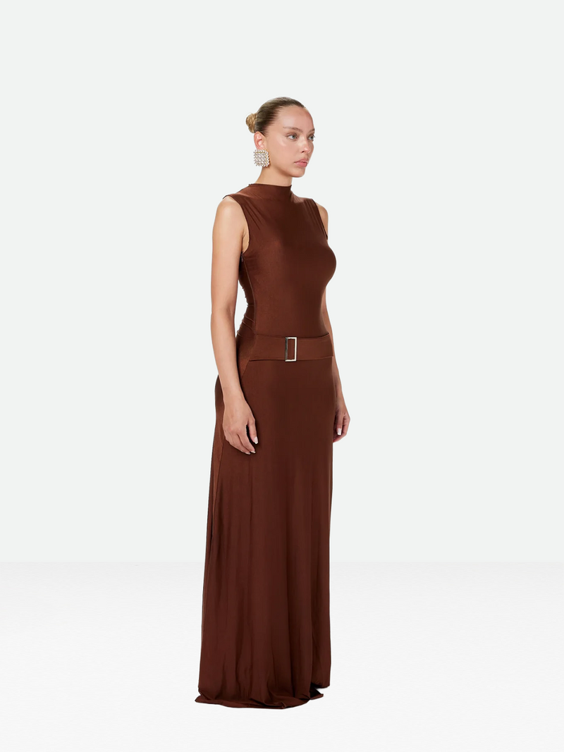 Brown Sleeveless Buckle Dress