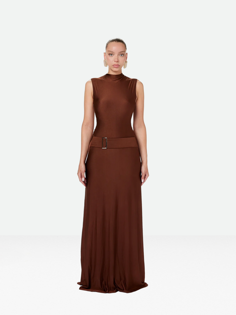Brown Sleeveless Buckle Dress