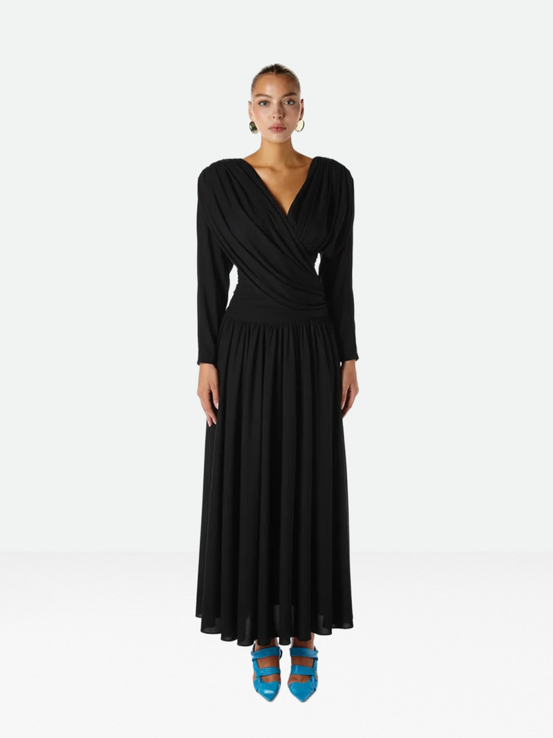 Long Sleeve Draped Dress Black