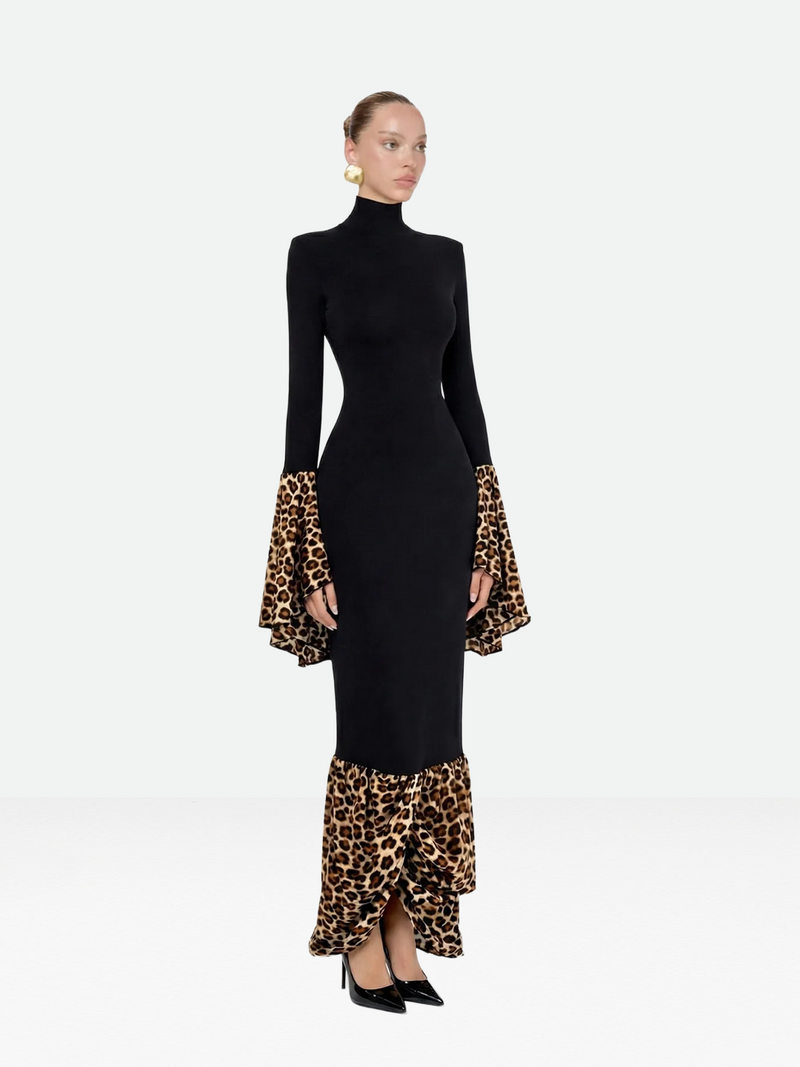 leopard asymmetric hem long sleeve plunge satin maxi dress Leopard Print Cut-Out Long Sleeve Maxi Dress Violet Aurora